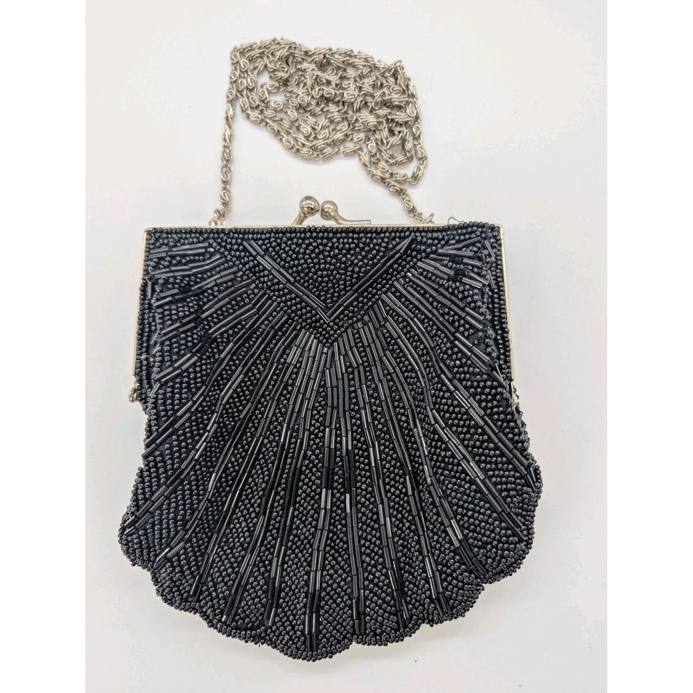 Vintage Whittall & Shon Black Beaded Shell Clutch -Art Deco Scallope Evening Bag
